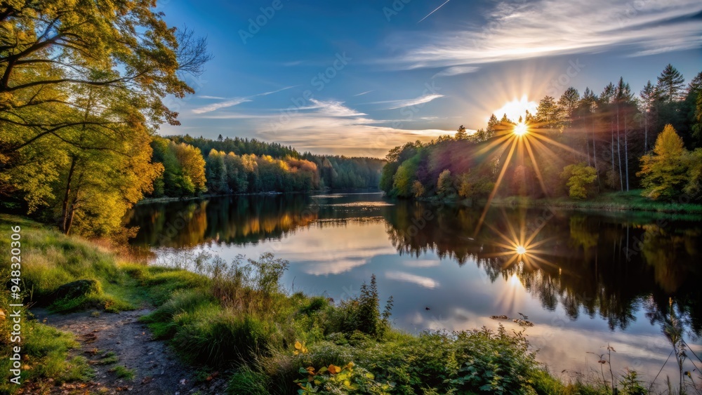 Sunlit lake reflecting a serene autumn landscape. Sunlit lake reflecting a serene autumn landscape.