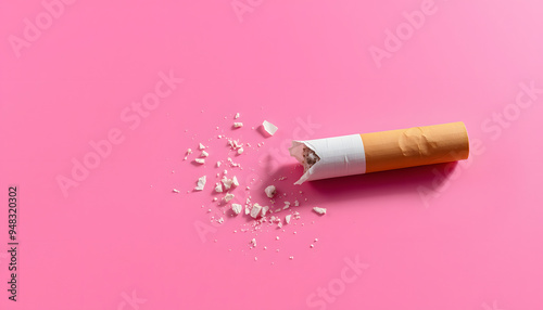 broken cigarette on a pink background isolated with white highlights, png photo