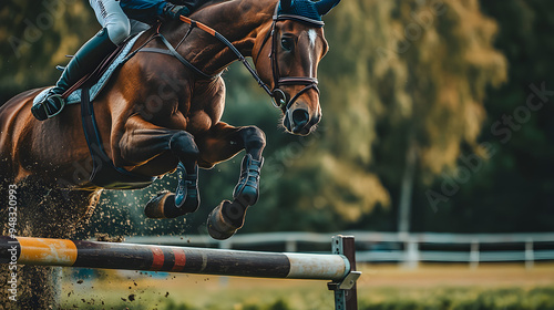 A brown horse jumping over a fence during an equestrian competition photo