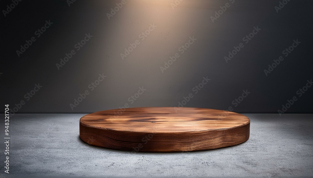 Rustic wooden podium on cool grey concrete floor with warm lighting. Rustic wooden podium on cool grey concrete floor with warm lighting.