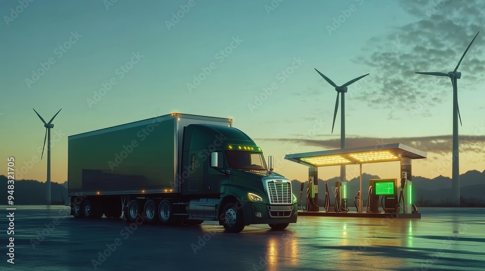 A green semi-truck is fueling up at a renewable energy station, powered ...