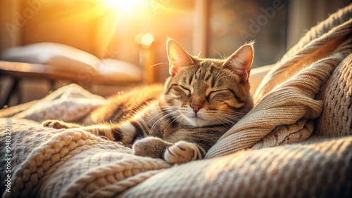 A serene cat stretches out languidly, basking in the warm glow of a sunbeam streaming through a window, surrounded by soft, cozy textiles. photo