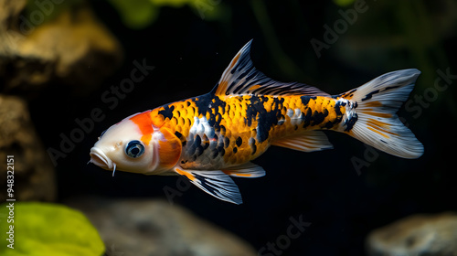 Colorful Koi Fish Swimming Underwater in Aquarium or Pond