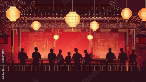 A group of men dressed in suits stand in front of a red Chinese-style backdrop, symbolizing the blending of traditional wedding customs and modern bachelor party festivities.  The lanterns and archite photo