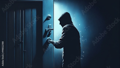Shadowy figure picking lock of back door.