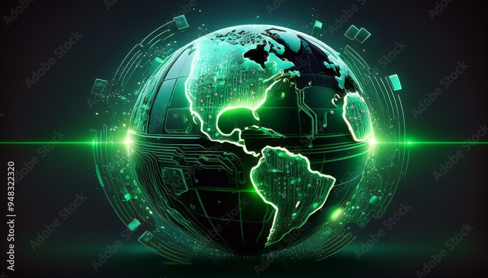 Shattered globe held together by glowing green circuitry. Shattered globe held together by glowing green circuitry.