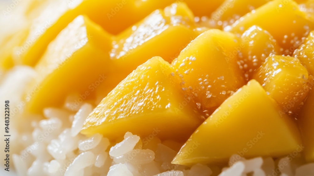 A detailed shot of a beautifully presented serving of Thai mango sticky rice, with ripe mango slices and glistening sticky rice, against a bright white backdrop. A detailed shot of a beautifully presented serving of Thai mango sticky rice, with ripe mango slices and glistening sticky rice, against a bright white backdrop.