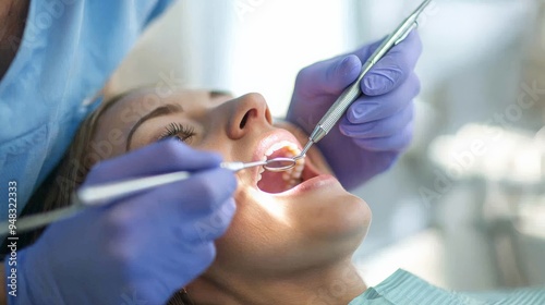 A dentist performing a dental procedure, precision and care