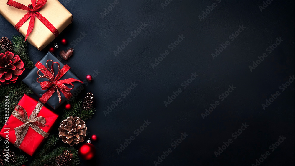 Top view of Christmas red gift boxes, fir tree branches and pine cones, Christmas black background with copy space