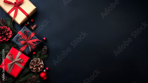 Obraz na płótnie Top view of Christmas red gift boxes, fir tree branches and pine cones, Christmas black background with copy space w salonie