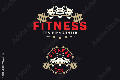 cerberus head, hell hound mythological, three-headed dog with power bar or barbell logo design for fitness, gym, bodybuilding, weightlifting club