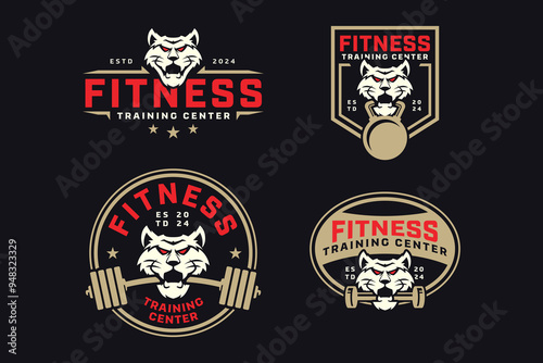 lynx wildcat or bobcat with power bar, barbell and kettlebell badge logo design collection for fitness, gym, bodybuilding, weightlifting club