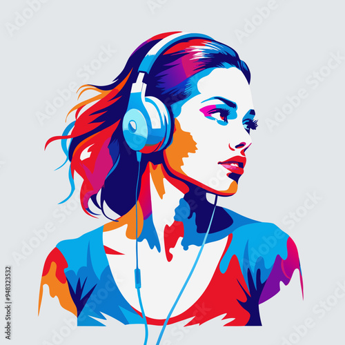Woman with expressive gaze listening to music through vibrant headphones in colorful pop art style