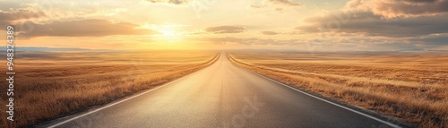 Empty asphalt road leading to a golden horizon, embodying perseverance and goal setting in business, success direction