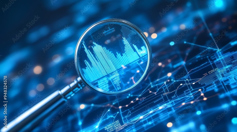 A magnifying glass focuses on a digital graph, symbolizing the detailed analysis of data, market trends, insights, and research for business growth and strategic decision-making. A magnifying glass focuses on a digital graph, symbolizing the detailed analysis of data, market trends, insights, and research for business growth and strategic decision-making.