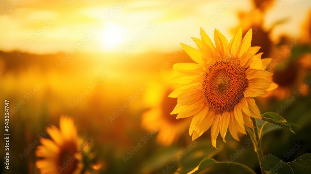 Obraz premium Close-up of sunflowers in a vast field, with the setting sun in the background, creating a warm golden light and a blurred grassy meadow