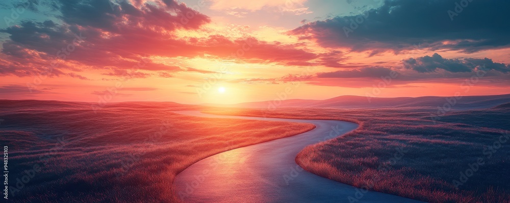 Dynamic sunset over a winding road, signifying the twists and turns of business resilience, journey Dynamic sunset over a winding road, signifying the twists and turns of business resilience, journey