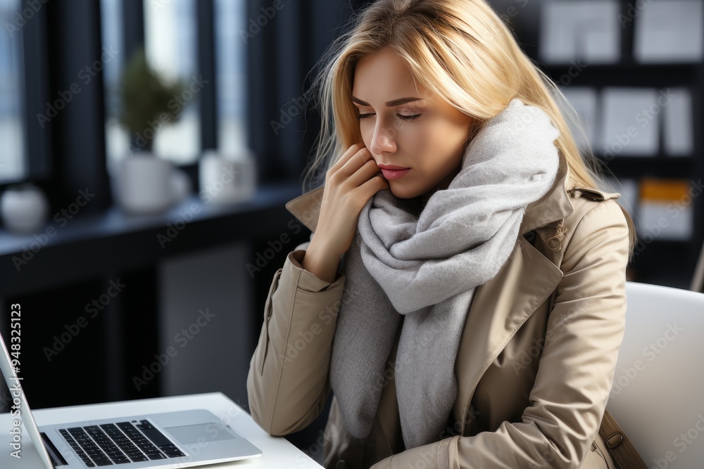 Young businesswoman experiencing migraine pain and stress, concept of health problems and depression Young businesswoman experiencing migraine pain and stress, concept of health problems and depression