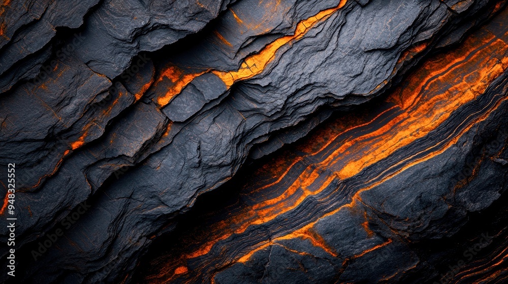 Close-up of a rocky surface, with layers of grey and orange tones, capturing the rugged beauty and complex patterns of geological formations Close-up of a rocky surface, with layers of grey and orange tones, capturing the rugged beauty and complex patterns of geological formations