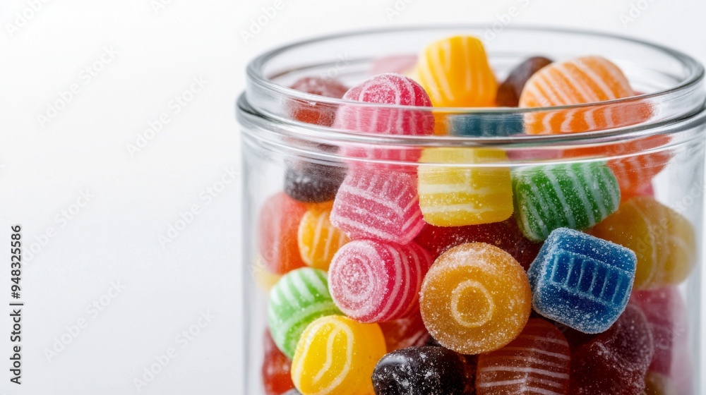 A detailed shot of a transparent jar filled with assorted hard candies, with their colors and textures prominently visible against a simple white background.