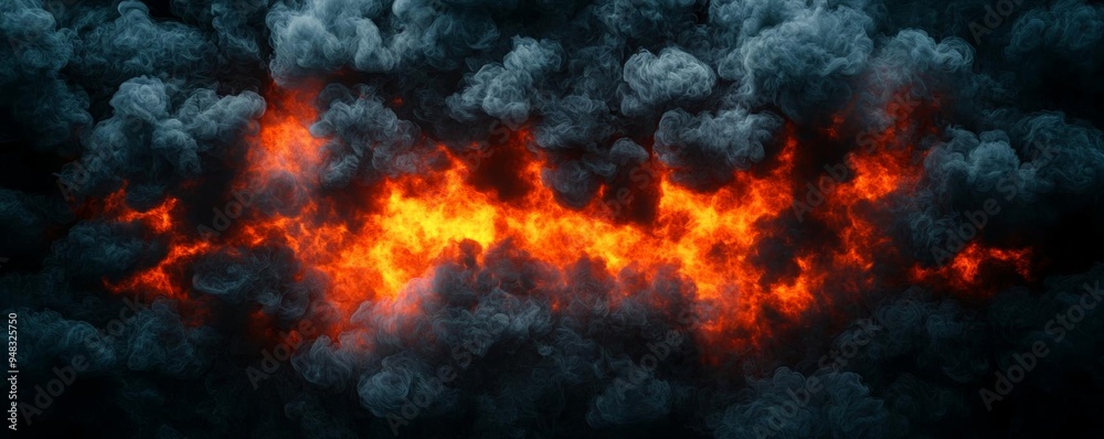 A deep black background with fiery tongues of red and yellow contrasted by billowing gray smoke A deep black background with fiery tongues of red and yellow contrasted by billowing gray smoke