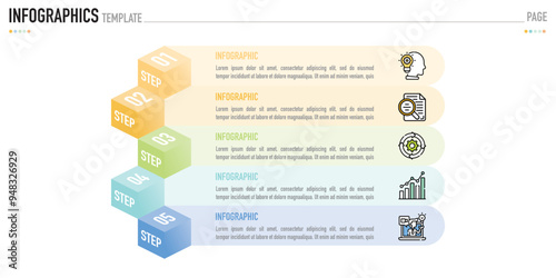 Infographic template or element with 5 step, process, option, colorful 3D square, rectangle, box layer, pyramid, funnel, icons on white background for sale slide, minimal modern simple style, origami