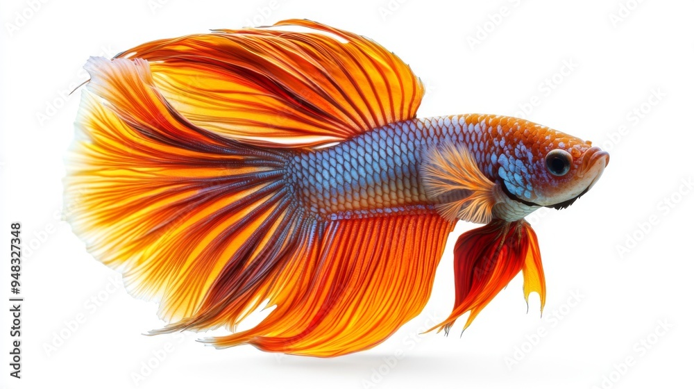 Fototapeta premium A detailed view of a betta fish with a rich, iridescent tail, captured in mid-motion, with the simplicity of the white background emphasizing its natural beauty.