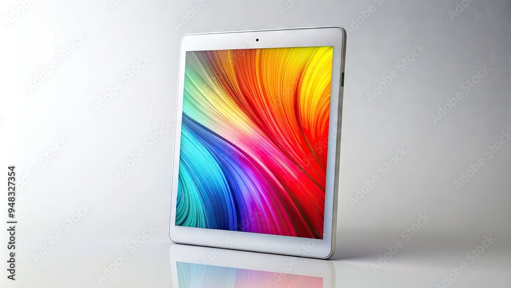 Naklejka premium A sleek, silver, vertical iPad displaying a vibrant, colorful abstract design on its screen, isolated on a clean, white, minimalist background.