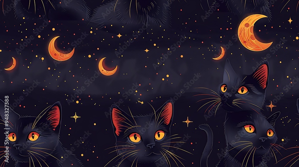 A seamless cartoon pattern featuring black cats with arched backs sitting on broomsticks, surrounded by glowing stars, crescent moons, and magical dust, set against a deep maroon background. A seamless cartoon pattern featuring black cats with arched backs sitting on broomsticks, surrounded by glowing stars, crescent moons, and magical dust, set against a deep maroon background.