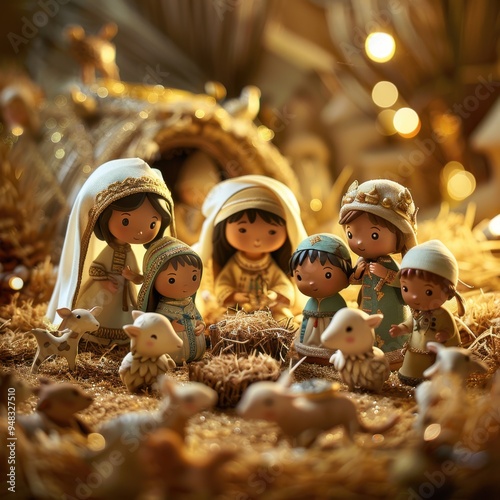 Nativity Scene with Diverse Characters in Traditional Cultural Clothing