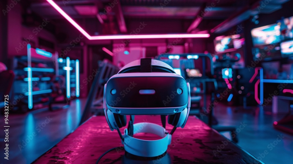 Obraz premium Virtual Reality Headset in Neon Lit Gaming Room