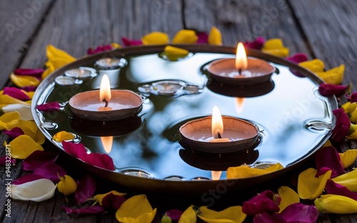 Serene Floating Diya Lamps in Water photo