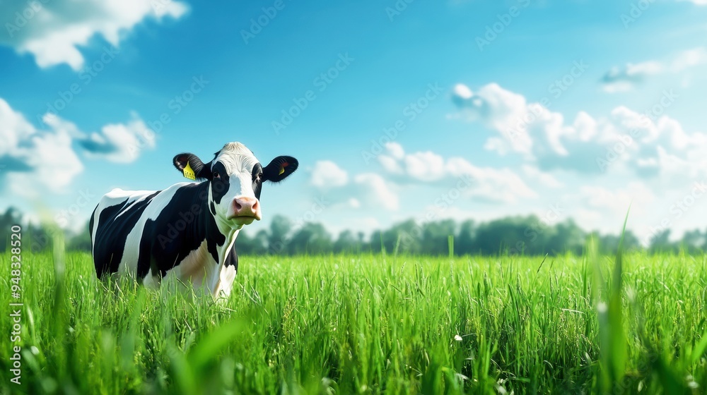 Portrait of a dairy cow in a green field, with tall grass swaying and a ...
