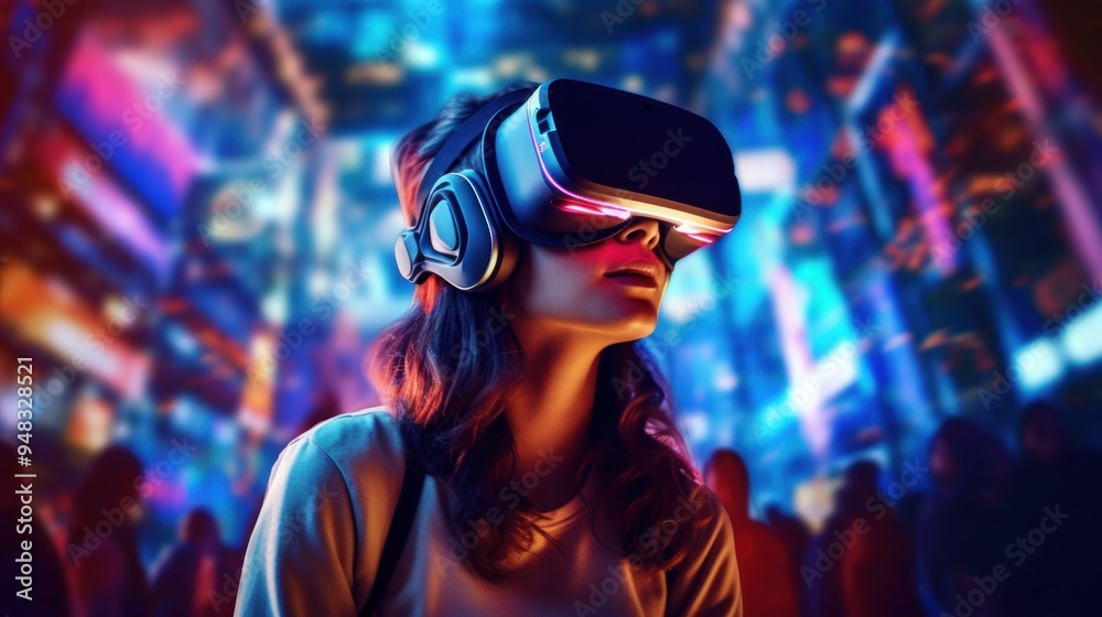 Woman Experiencing Virtual Reality in a Futuristic City