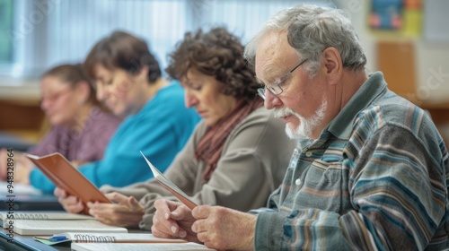 A group of adults practicing reading comprehension in a classroom, using workbooks and flashcards