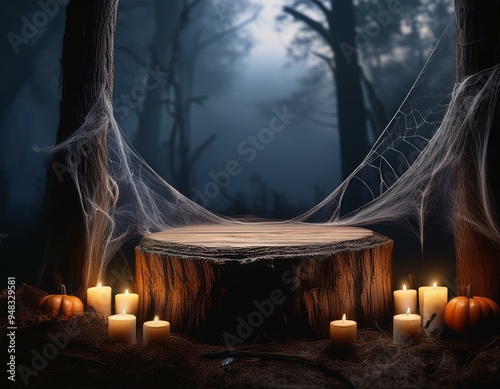 Twisted tree trunk podium with candles and cobwebs in haunted forest.