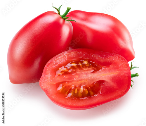 Red ripe Roma tomato or plum tomato isolated on white background. photo