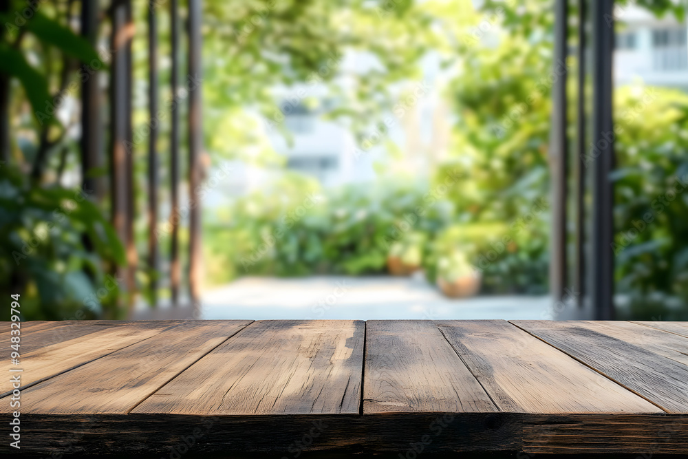 Empty wooden table top with blurred green garden open door background for product display Empty wooden table top with blurred green garden open door background for product display