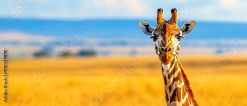 Close-up of a giraffe s patterned fur and long eyelashes with the expansive savannah blurred in the background photo