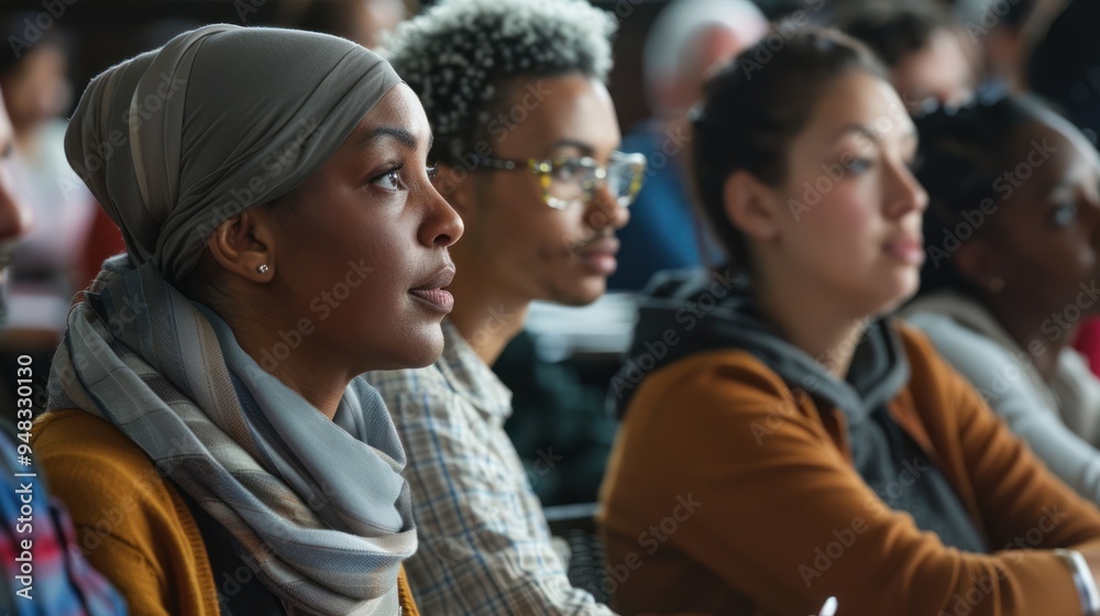 A diverse group of adults in a seminar, participating in discussions and taking notes A diverse group of adults in a seminar, participating in discussions and taking notes