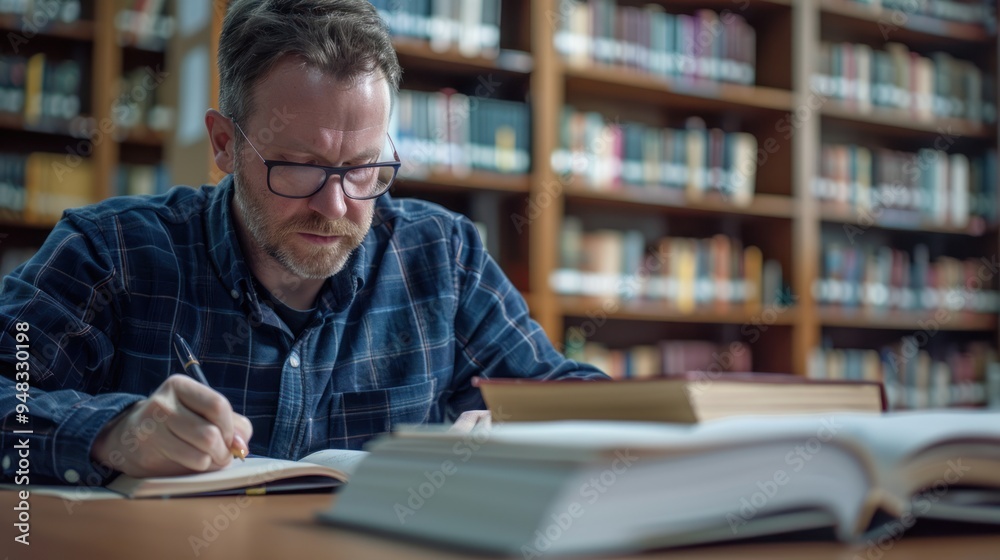 An adult studying a book, taking notes in a quiet library An adult studying a book, taking notes in a quiet library