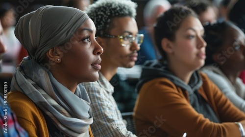 A diverse group of adults in a seminar, participating in discussions and taking notes