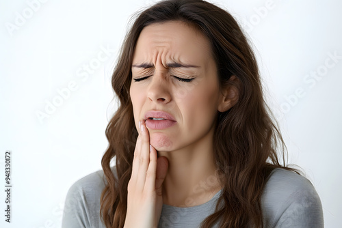 Closeup portrait of African American woman having toothache isolated on white background. Female suffering with a pain