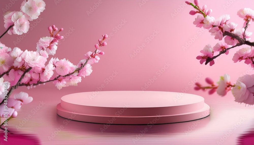 Vibrant pink scene with floating podium and blooming cherry blossoms. Vibrant pink scene with floating podium and blooming cherry blossoms.