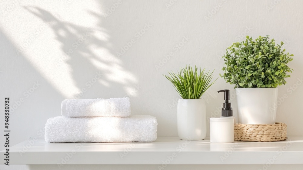 White Towels and Plants on a Shelf in a Modern Bathroom White Towels and Plants on a Shelf in a Modern Bathroom
