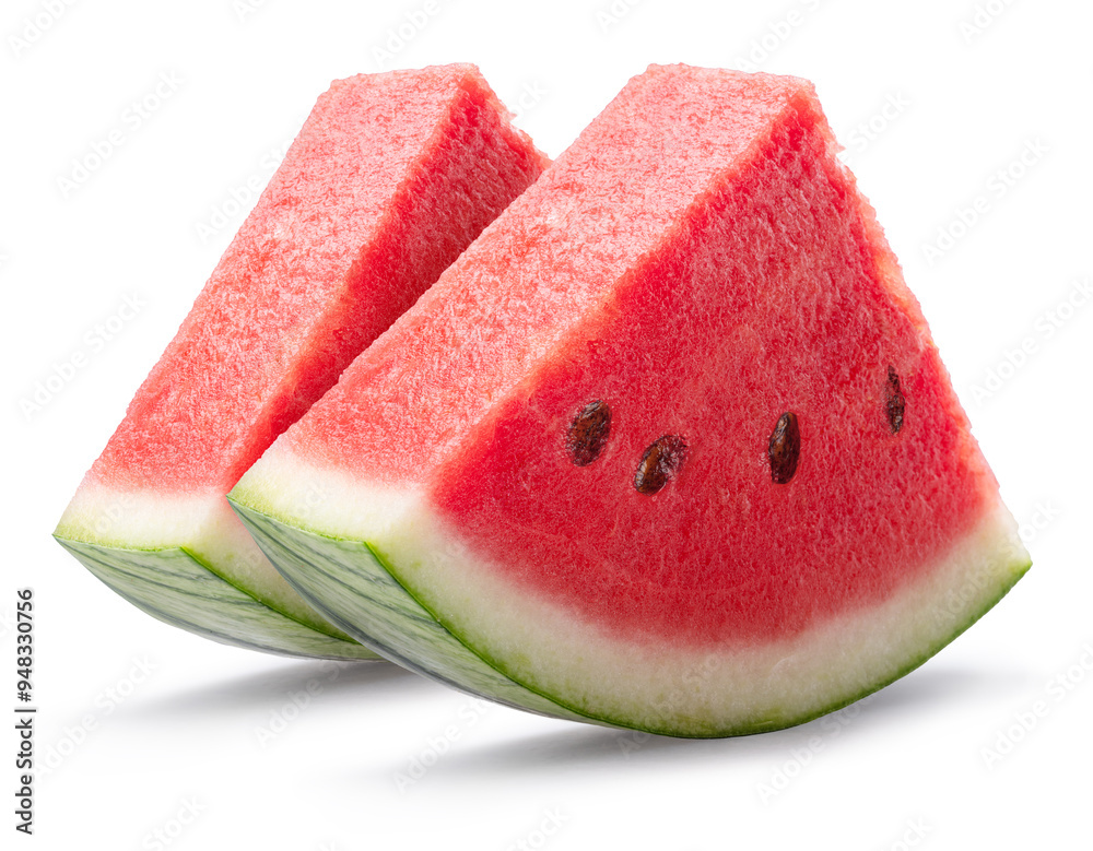 Watermelon triangle slices with seeds isolated on white background. Clipping path. Watermelon triangle slices with seeds isolated on white background. Clipping path.