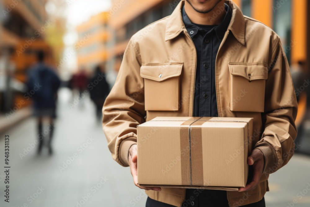 Parcel delivery man with package - concept of online shopping and product delivery
