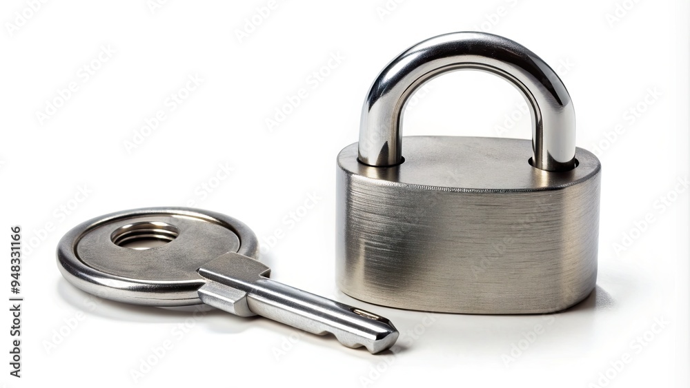 A solitary shiny metal lock and accompanying key rest isolated on a white background, symbolizing security, safety, and accessibility in a minimalist composition. A solitary shiny metal lock and accompanying key rest isolated on a white background, symbolizing security, safety, and accessibility in a minimalist composition.