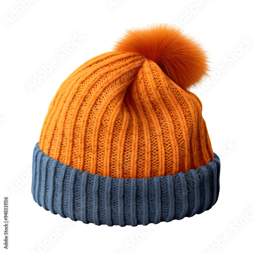 Orange and blue knitted beanie with a fuzzy pom-pom