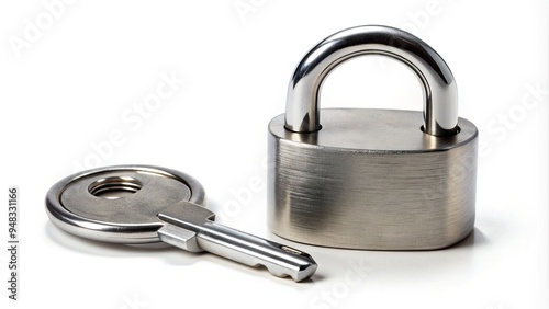 A solitary shiny metal lock and accompanying key rest isolated on a white background, symbolizing security, safety, and accessibility in a minimalist composition. photo